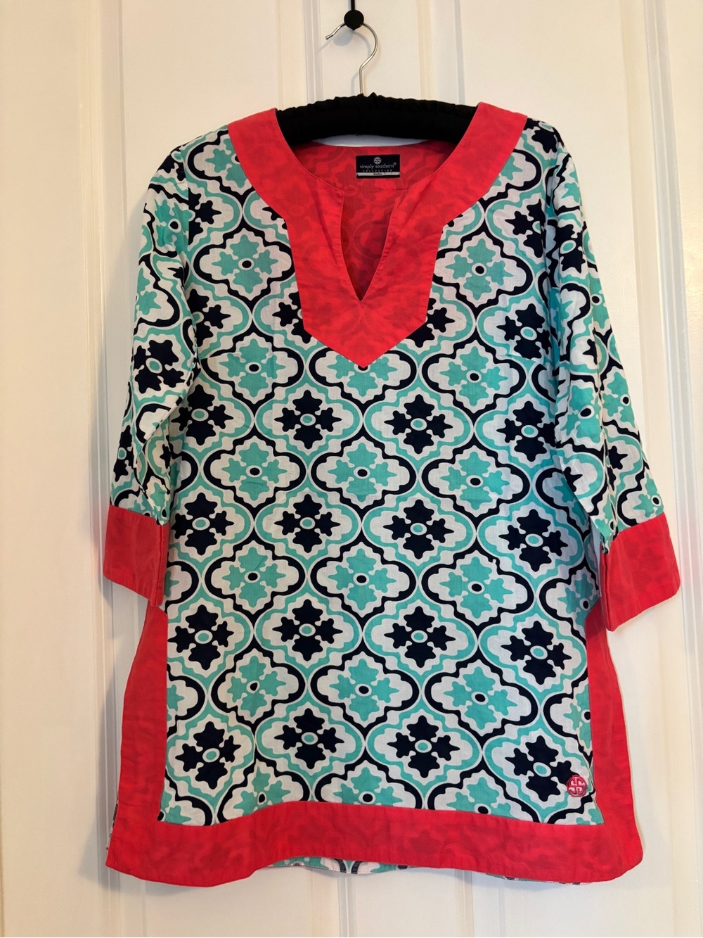Simply Southern Turquoise and Coral Patterned Tunic. Size S. Cotton